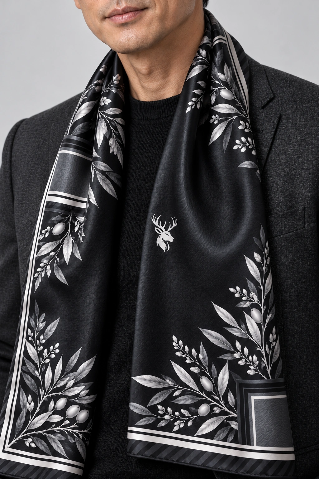Silverleaf Scarf 90, Worn fabric & logo detail