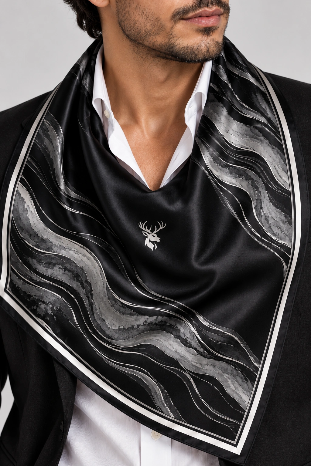 Graphite Current Scarf 90, Worn fabric & logo detail