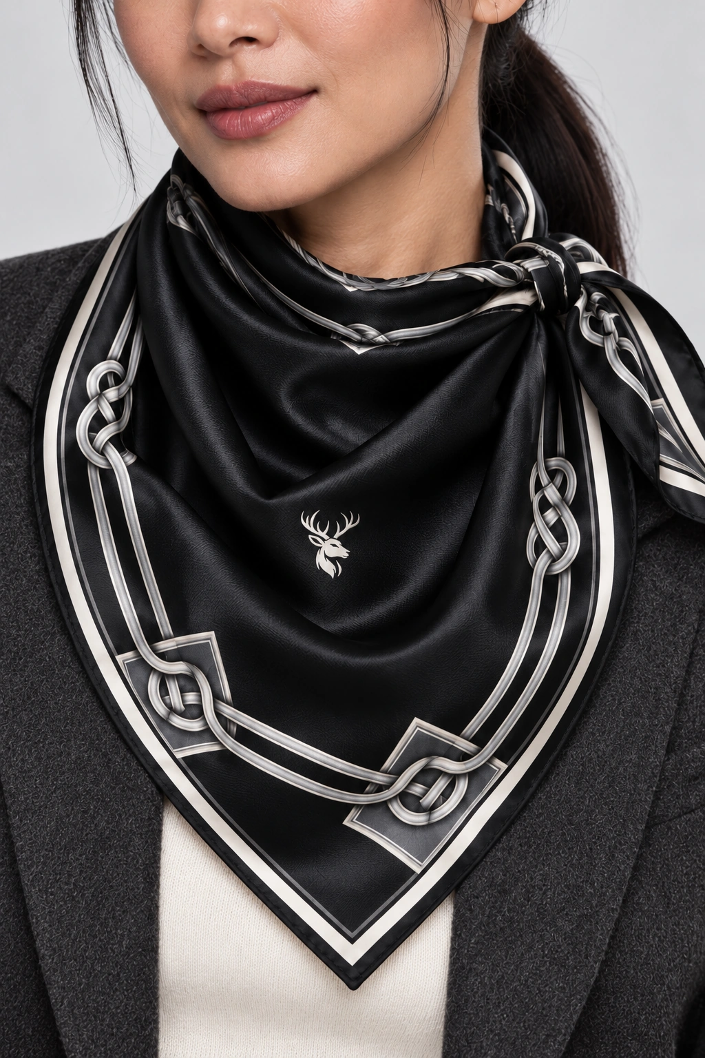 Silversmith Knot Scarf 90, Worn fabric & logo detail