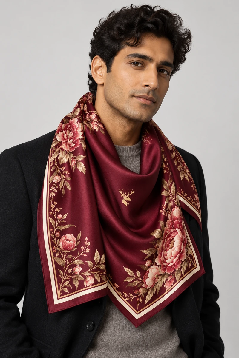 Burgundy Peony Scarf 90 in Deep Burgundy, on-model view