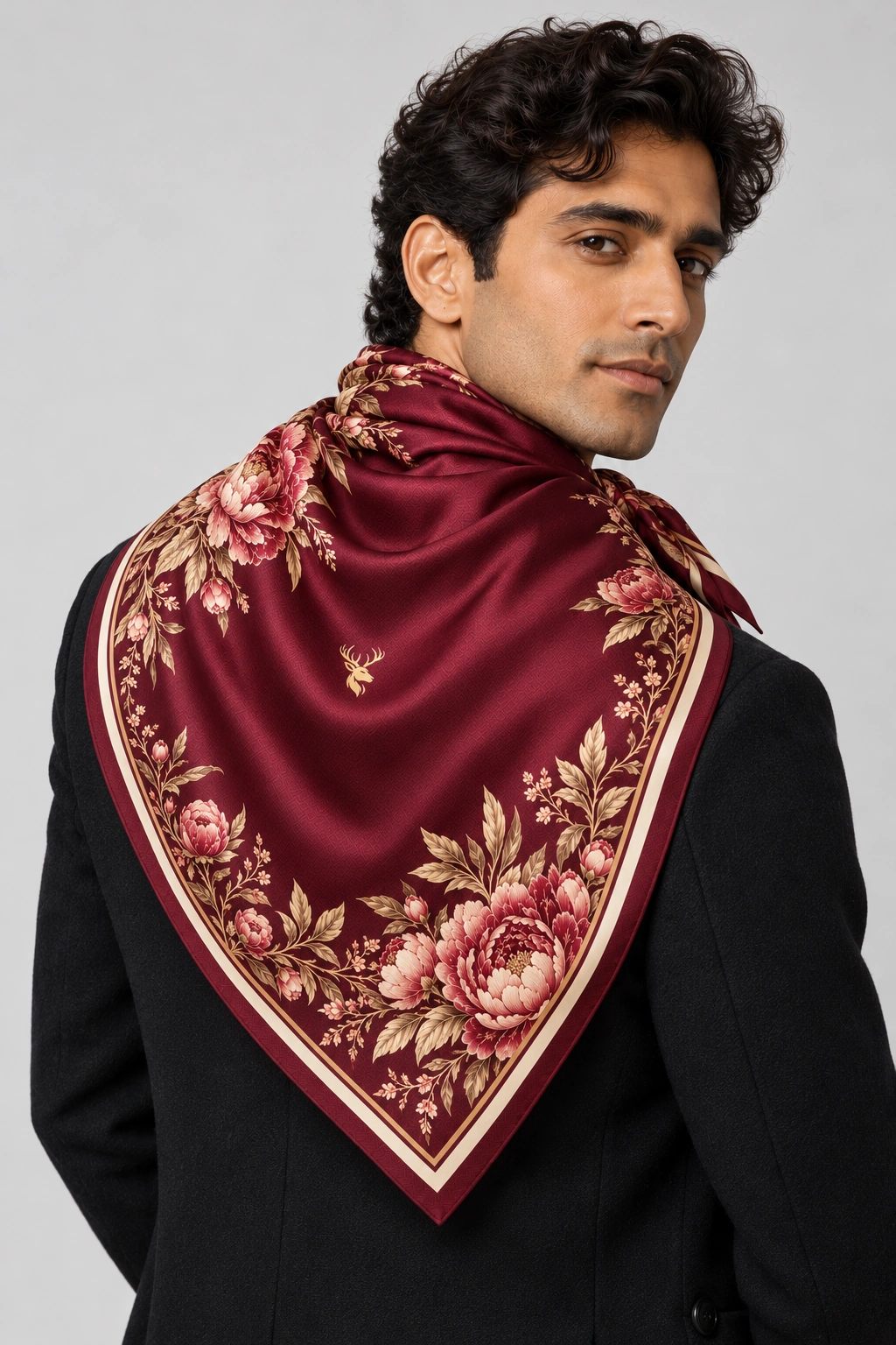 Burgundy Peony Scarf 90, On-model back view