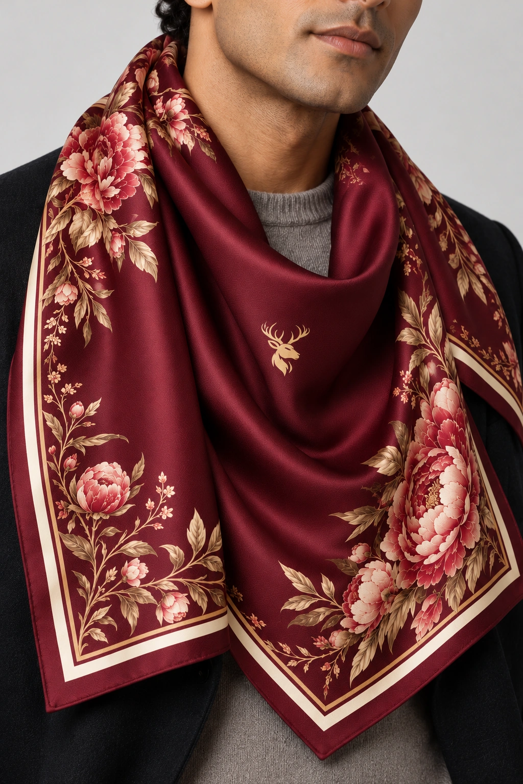 Burgundy Peony Scarf 90, Worn fabric & logo detail