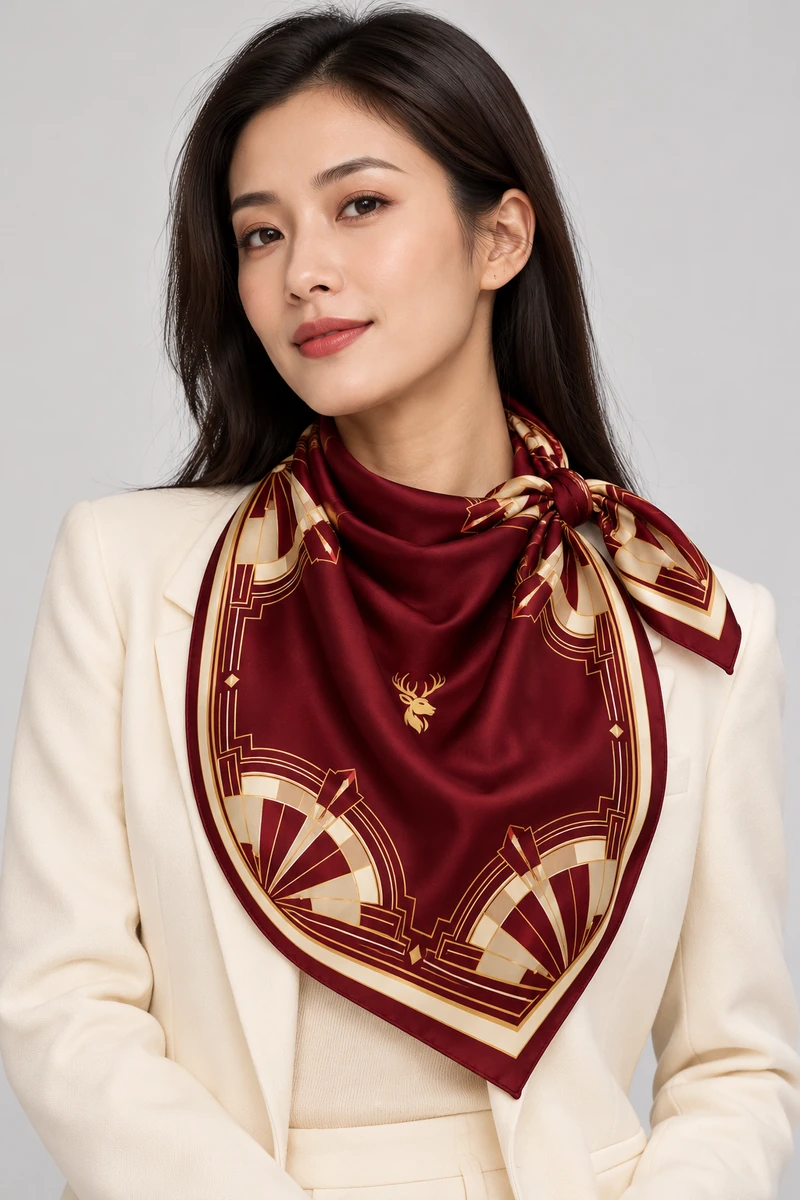 Garnet Deco Scarf 90 in Deep Burgundy, on-model view