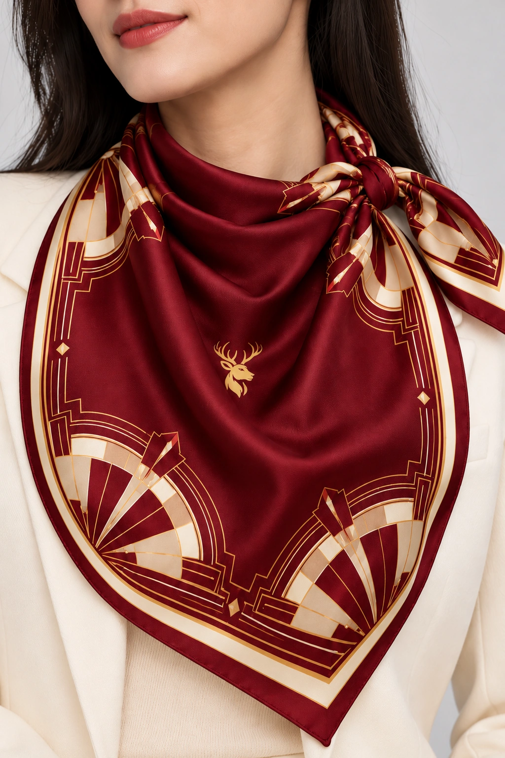 Garnet Deco Scarf 90, Worn fabric & logo detail