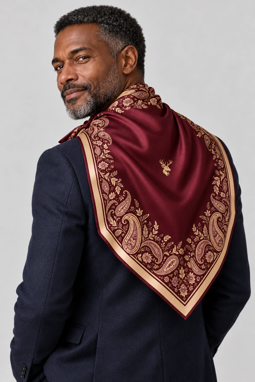 Oxblood Paisley Scarf 90, On-model back view