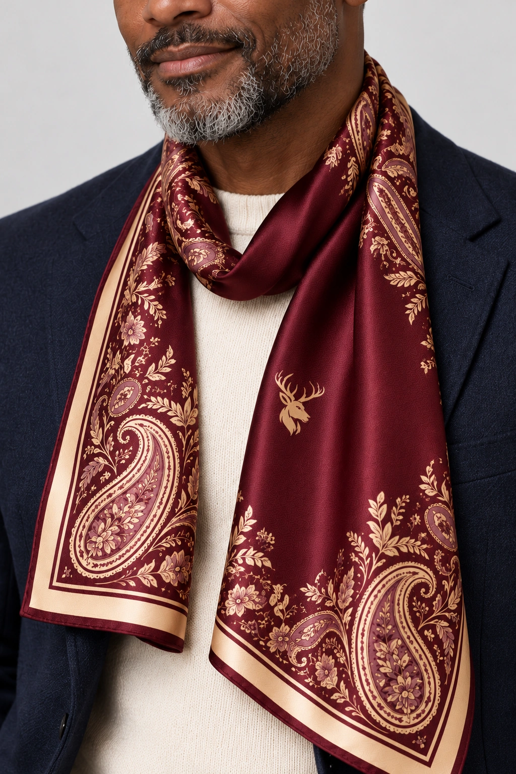 Oxblood Paisley Scarf 90, Worn fabric & logo detail