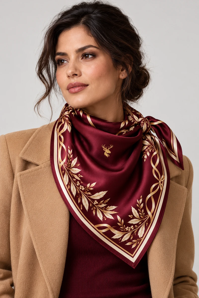 Merlot Laurel Scarf 90 in Deep Burgundy, on-model view