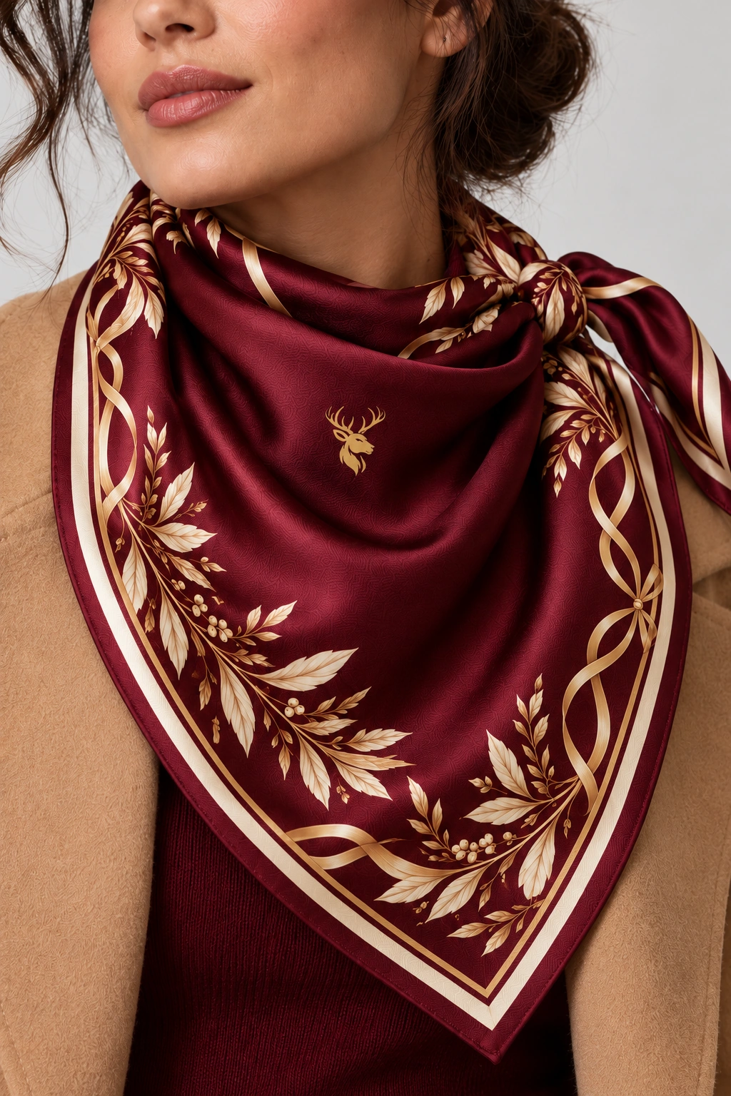 Merlot Laurel Scarf 90, Worn fabric & logo detail