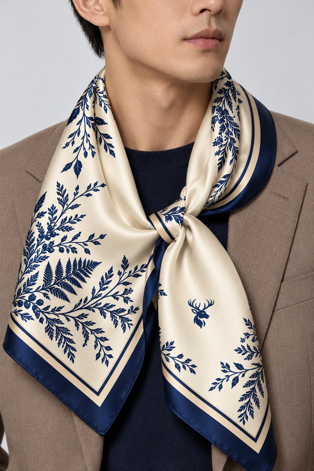 Porcelain Botanica Scarf 90, Worn fabric & logo detail