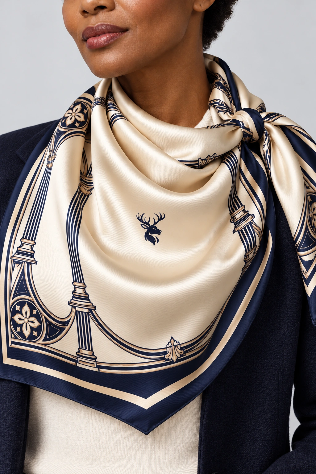 Gallery Columns Scarf 90, Worn fabric & logo detail