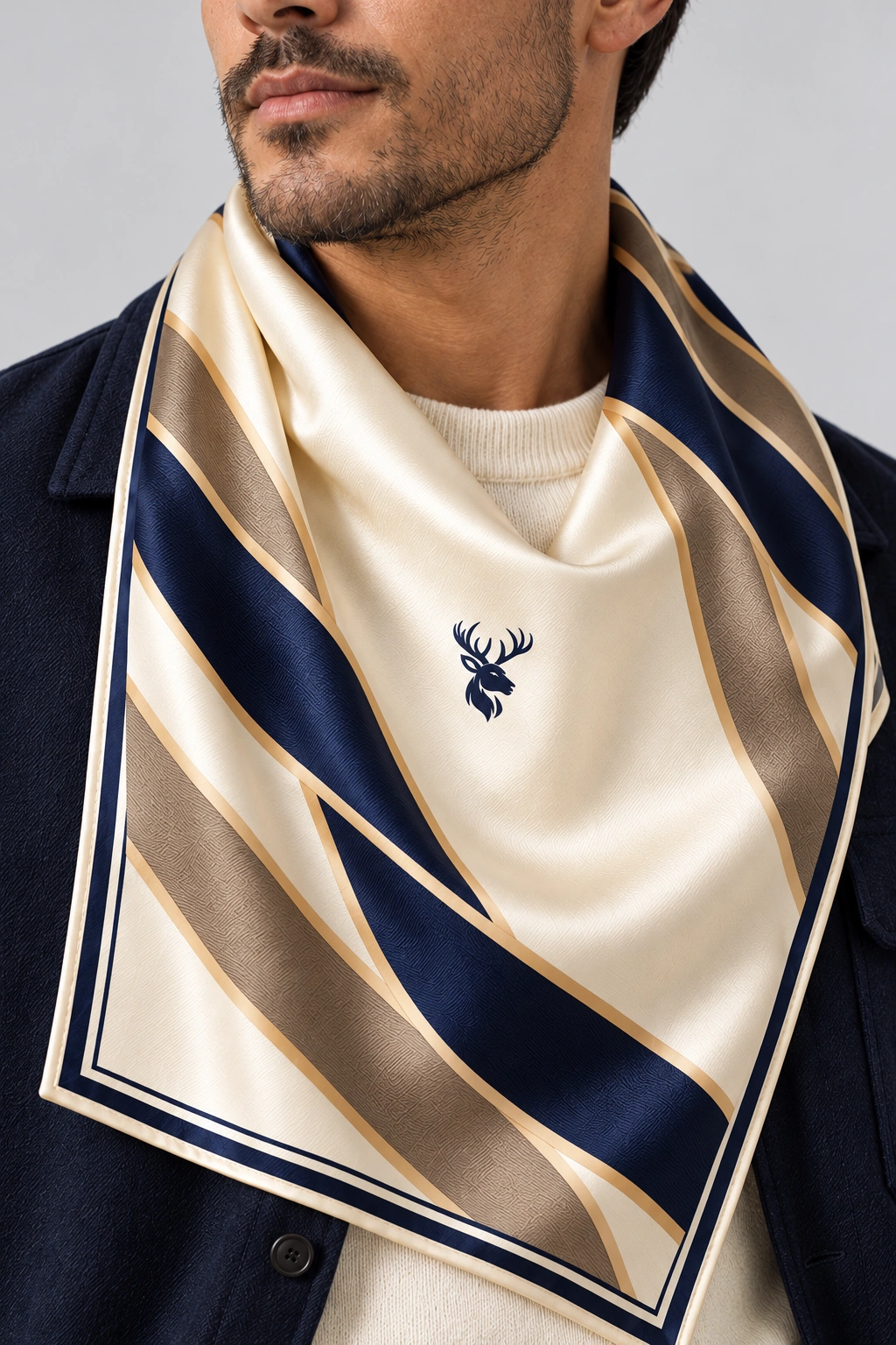 Sandstone Ribbon Scarf 90, Worn fabric & logo detail