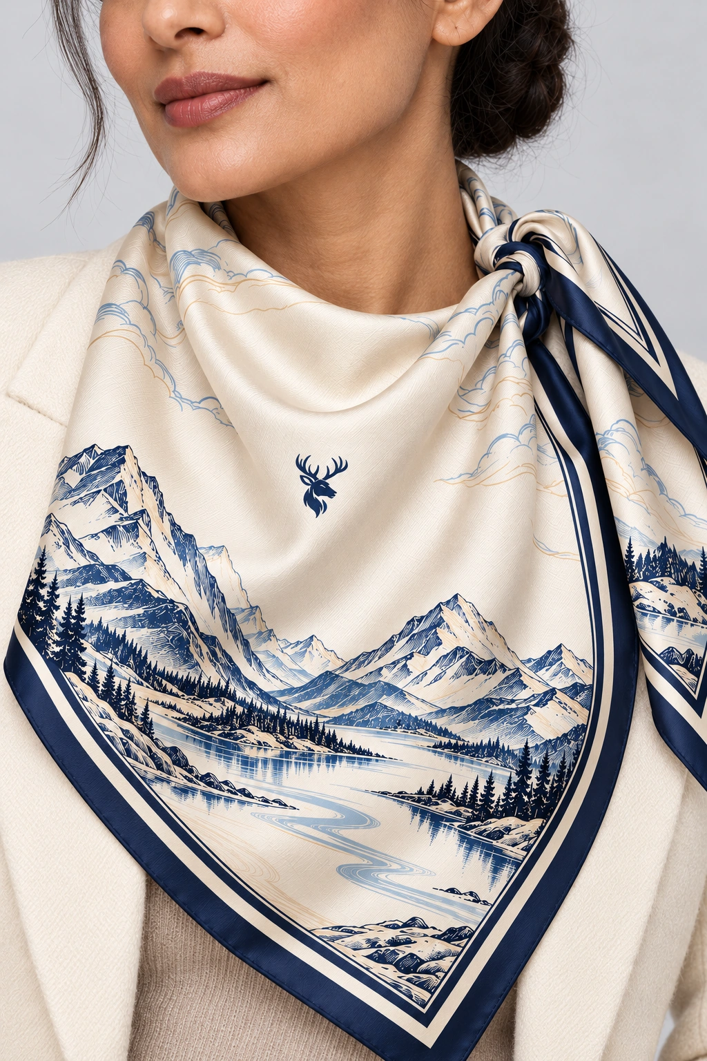 Ivory Contour Scarf 90, Worn fabric & logo detail