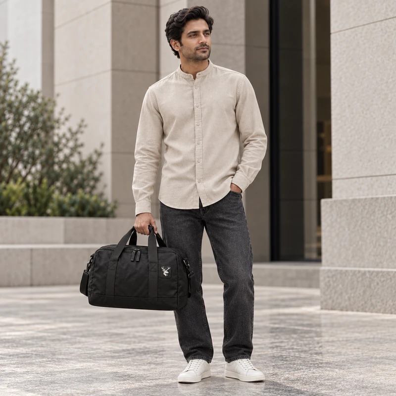 Transit Compact Duffle — Black, On-model view