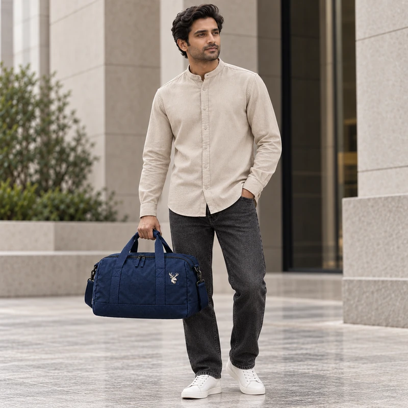 Transit Compact Duffle — Midnight Navy, On-model view