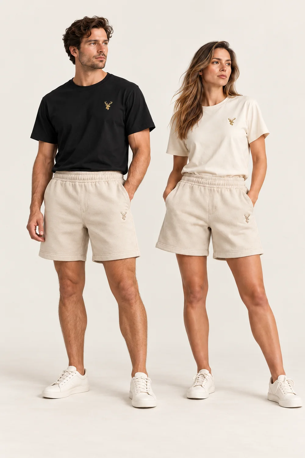 Unisex Harbor Premium Short — Stone, On-model view
