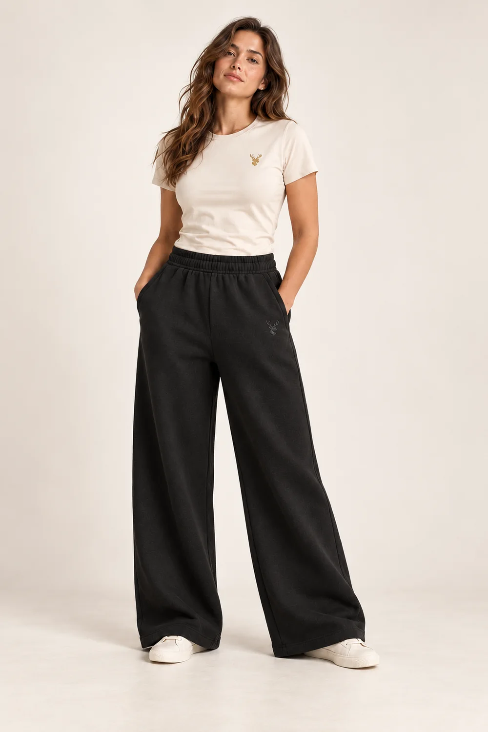 Women's Drift Wide Sweatpant — Black, On-model view