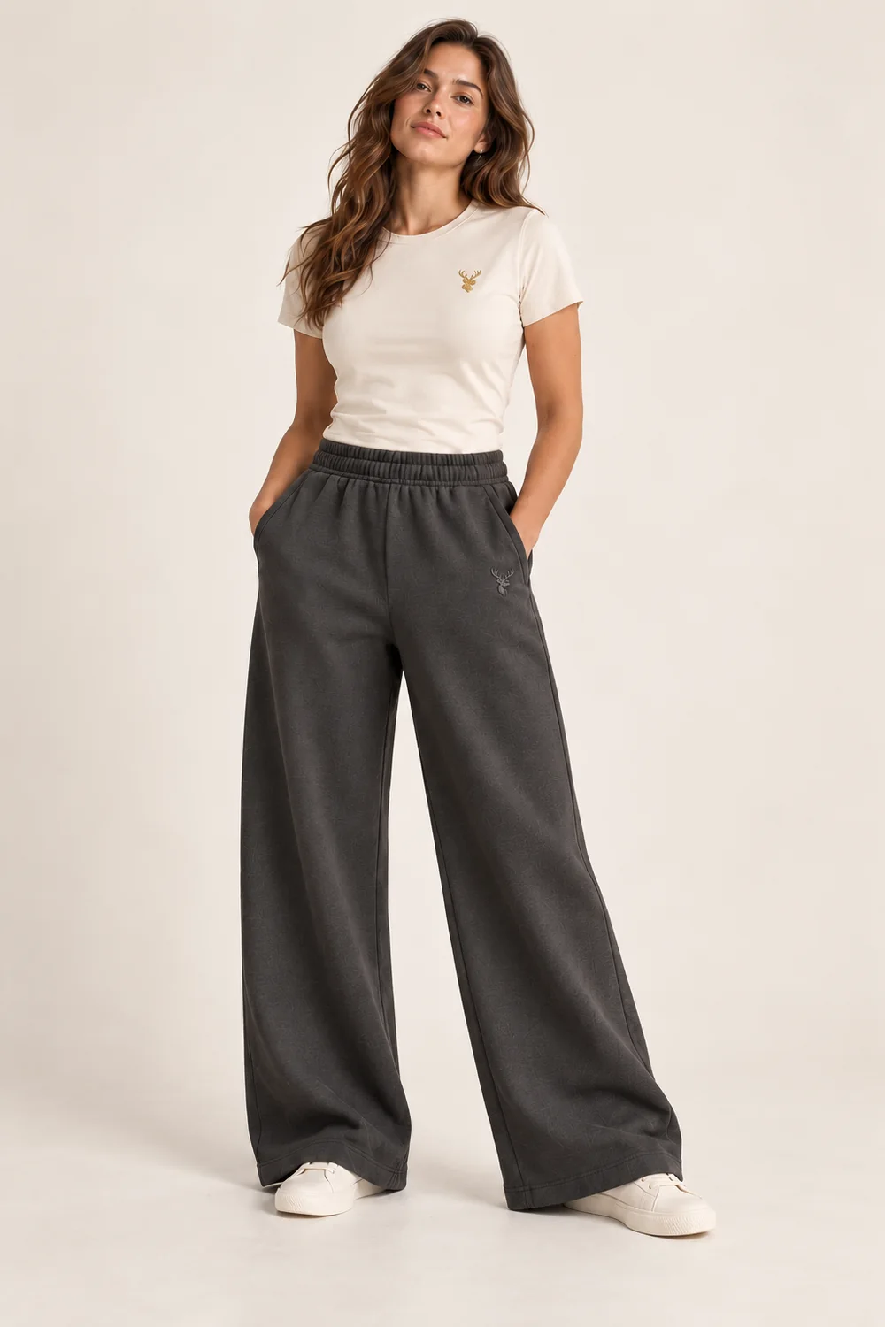 Women's Drift Wide Sweatpant — Deep Charcoal, On-model view