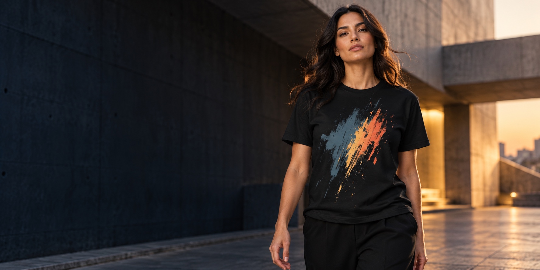 New campaign model wearing the RKsignature Abstract Eclat Graphic Tee with blue, gold and orange artwork