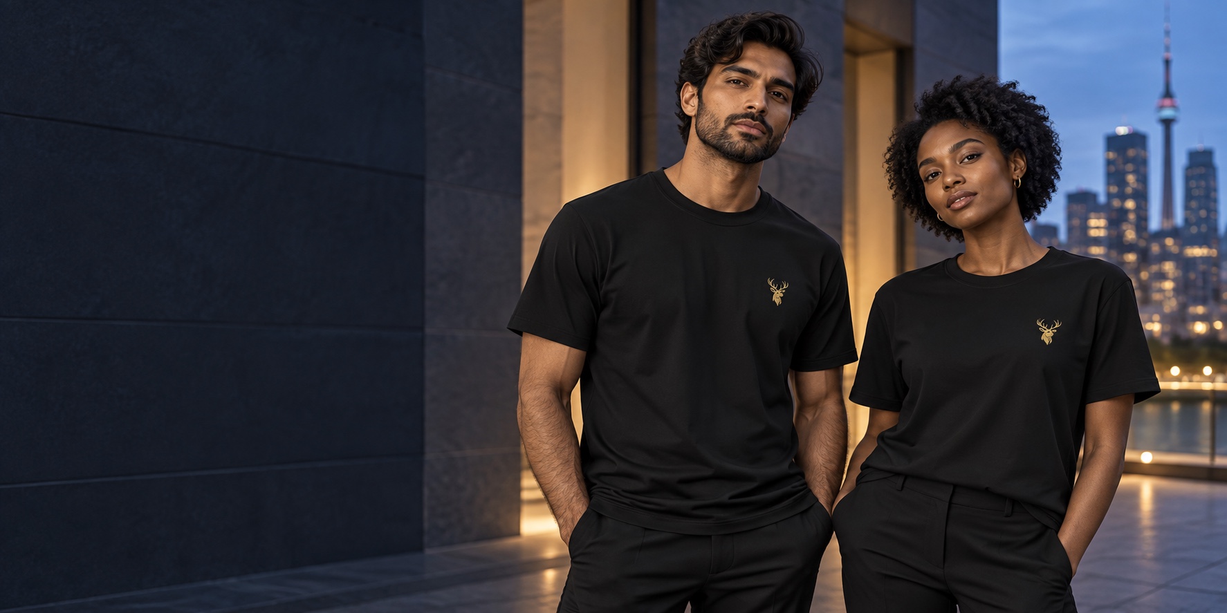 New campaign models wearing RKsignature Black Signature T-shirts with gold stag chest emblems