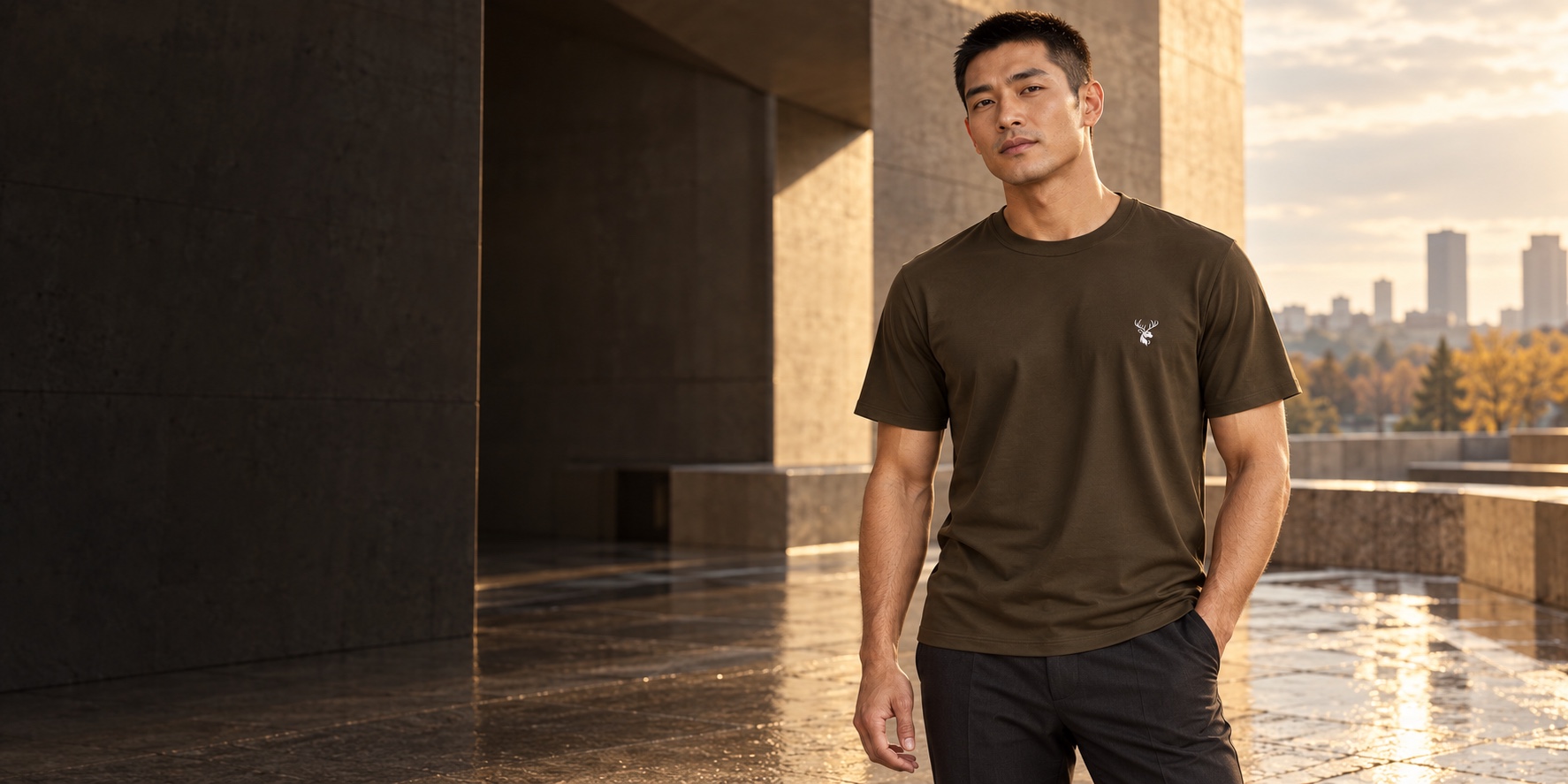 New campaign model wearing the RKsignature Rich Brown Signature T-shirt with white stag chest emblem