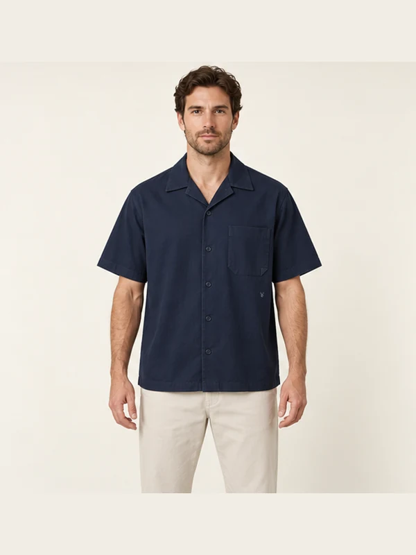 Tidemark Camp Shirt — Deep Navy, On-model view