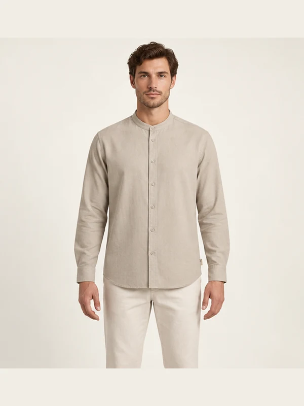 Vellum Band-Collar Shirt — Stone, On-model view