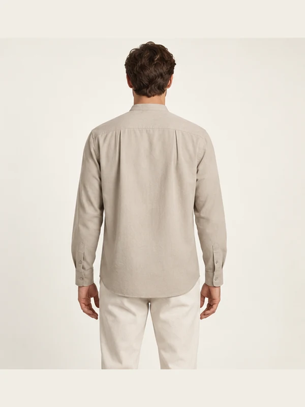 Vellum Band-Collar Shirt — Stone, On-model back view