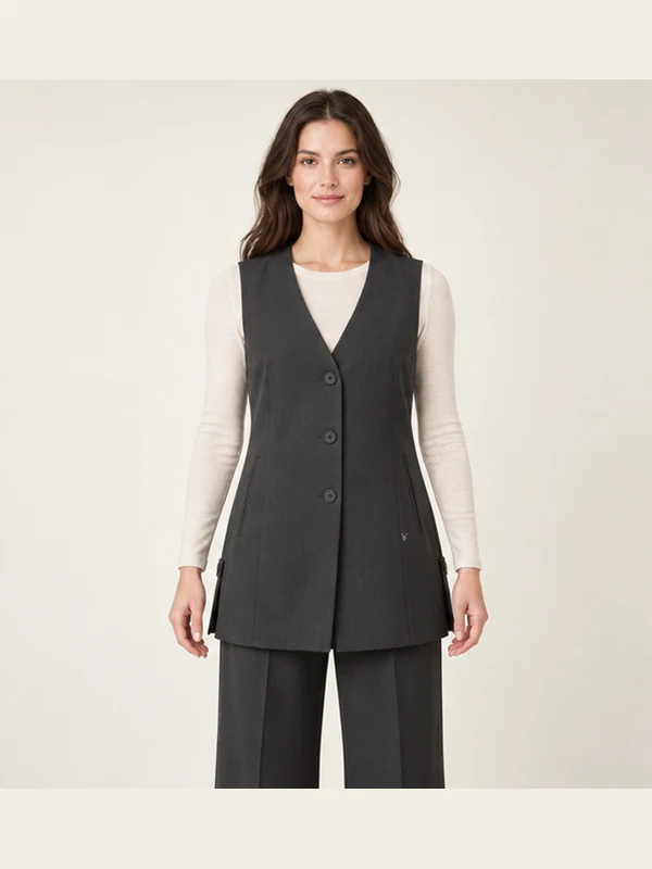 Atrium Longline Vest — Charcoal, On-model view