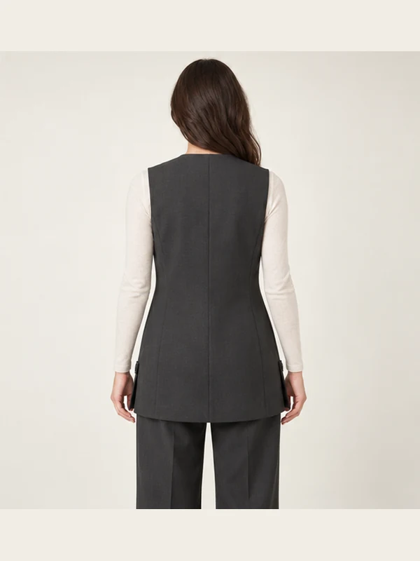 Atrium Longline Vest — Charcoal, On-model back view