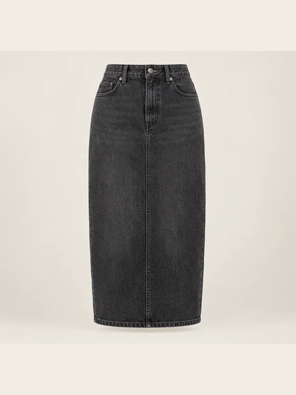 Crescent Seam Denim Skirt — Washed Black in Washed Black, front view