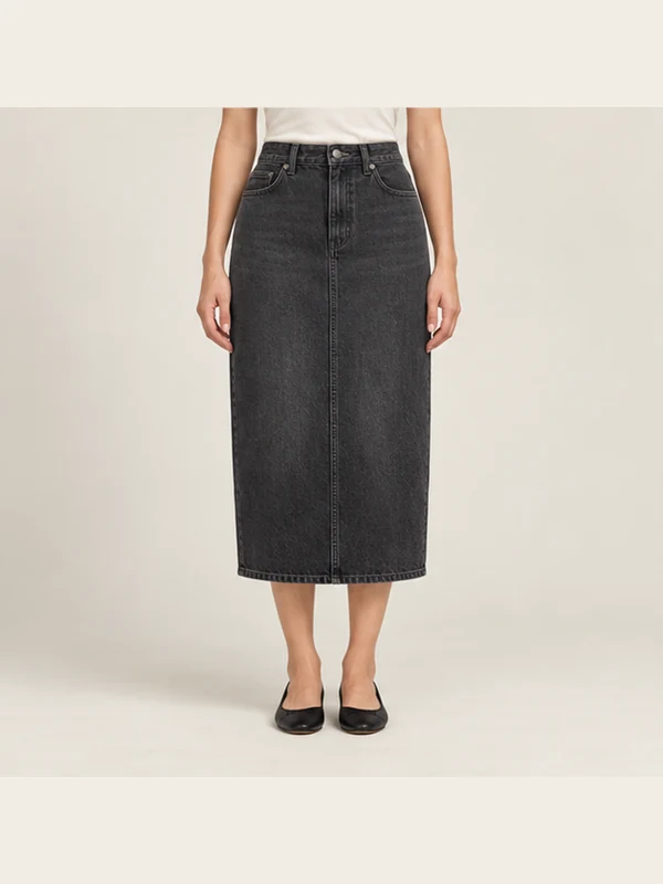 Crescent Seam Denim Skirt — Washed Black, On-model view