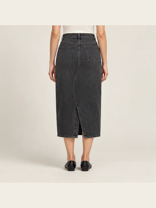 Crescent Seam Denim Skirt — Washed Black, On-model back view