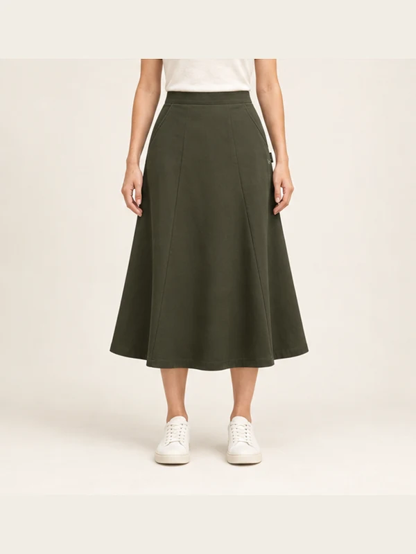 Estuary Panel Midi — Dark Olive, On-model view