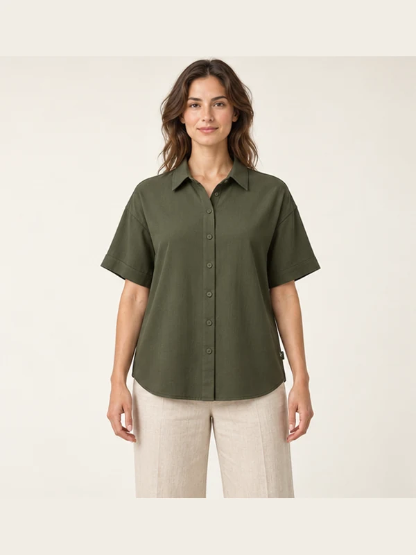 Estuary Swing Shirt — Dark Olive, On-model view