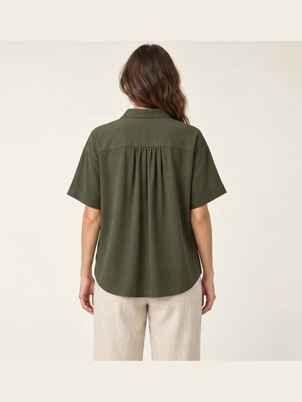 Estuary Swing Shirt — Dark Olive, On-model back view