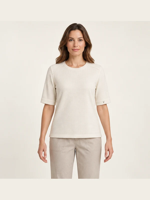 Mora Textured Elbow Tee — Off-white, On-model view