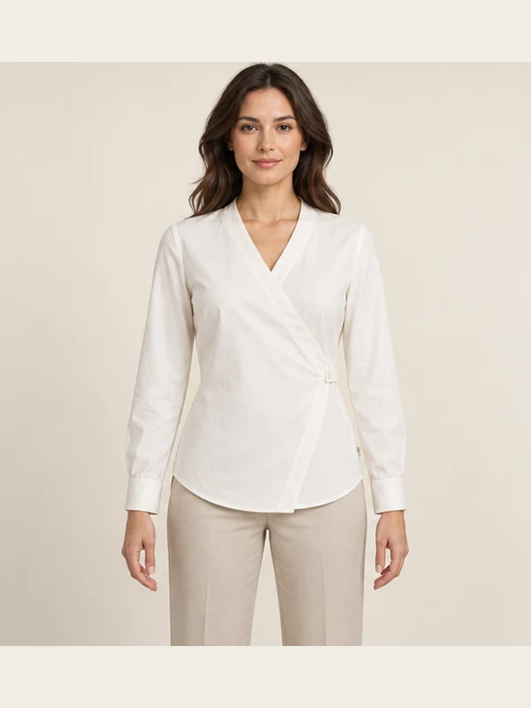 Paloma Secure-Wrap Shirt — Off-white, On-model view