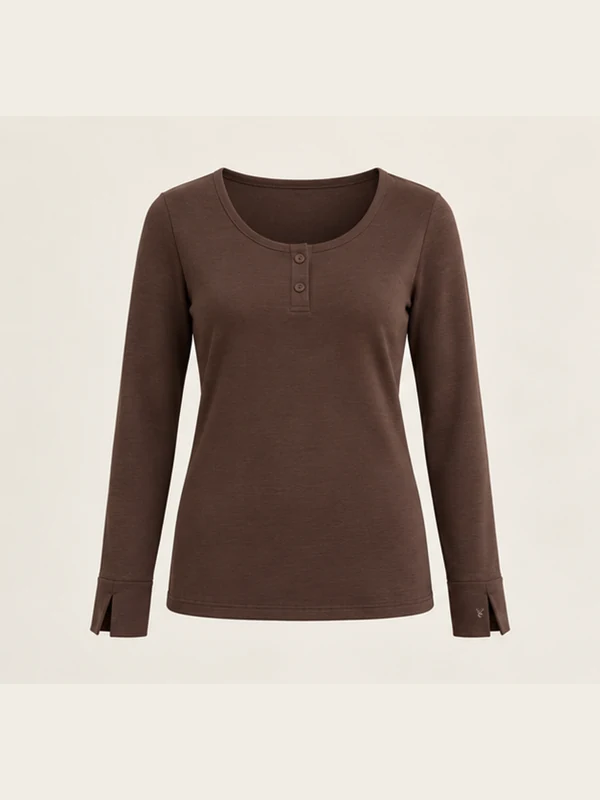 Serein Split-Cuff Henley — Espresso in Espresso, front view