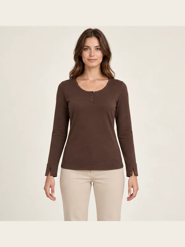 Serein Split-Cuff Henley — Espresso, On-model view