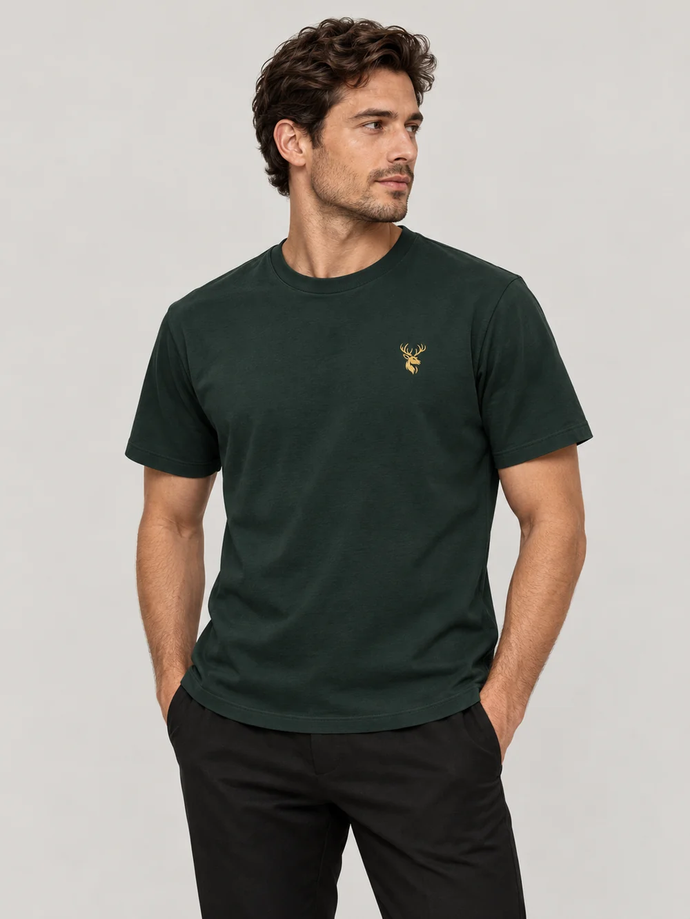 FORM / 01 Men's Straight Tee — Deep Forest, On-model view