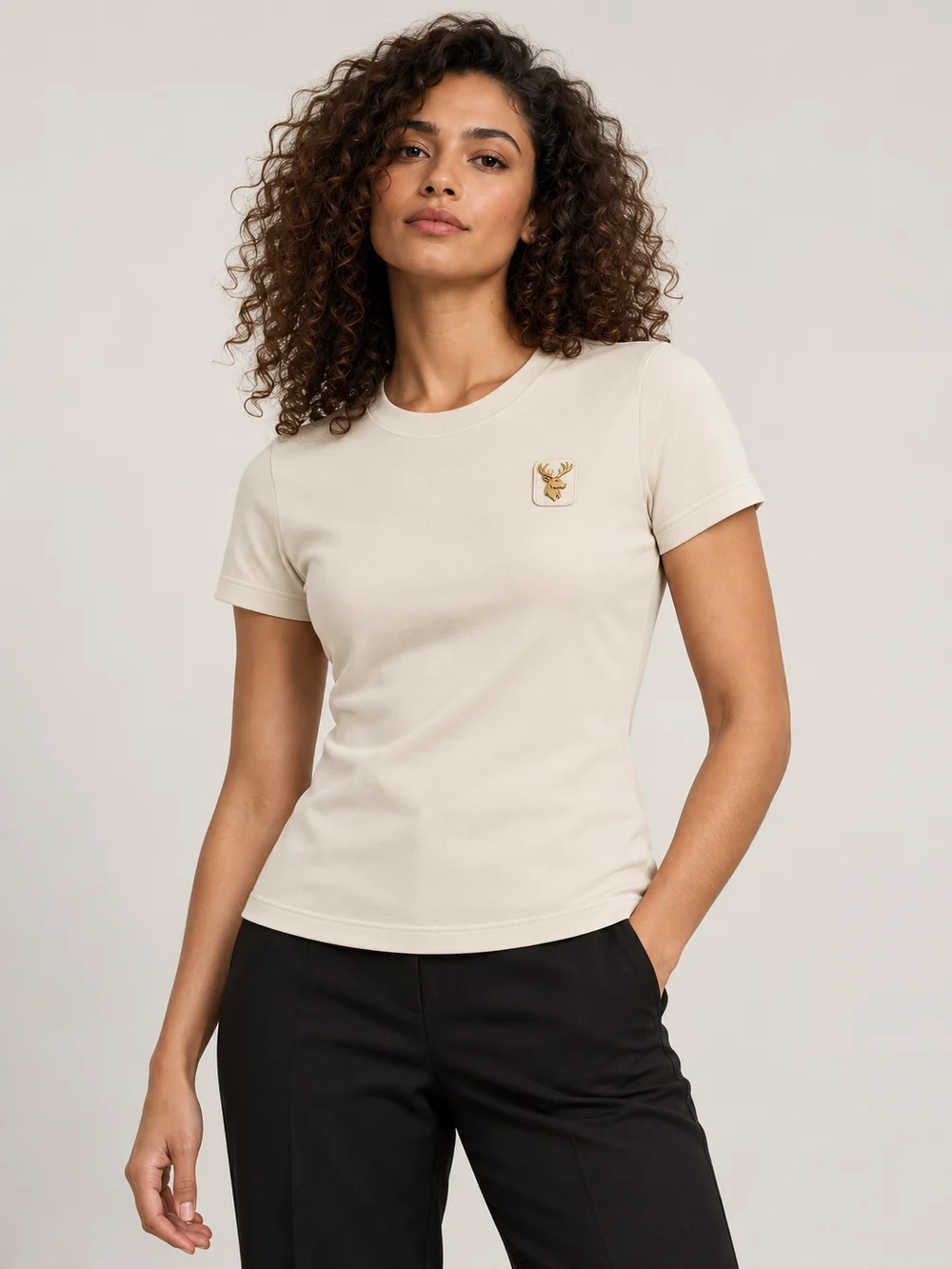 Gold Edition Women's Contour Tee — Bone, On-model view