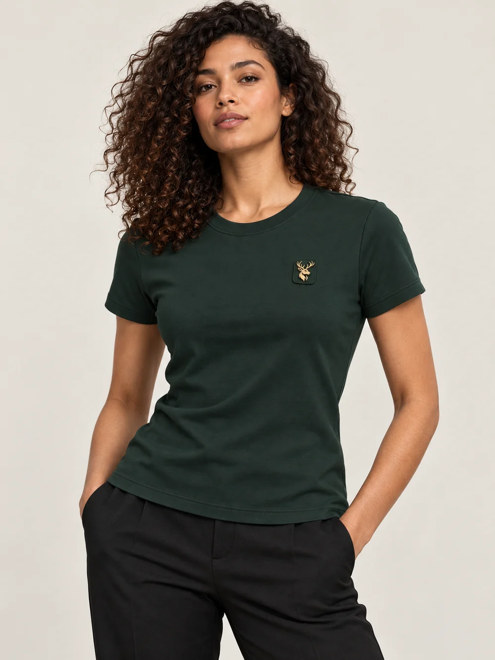 Gold Edition Women's Contour Tee — Deep Forest, On-model view