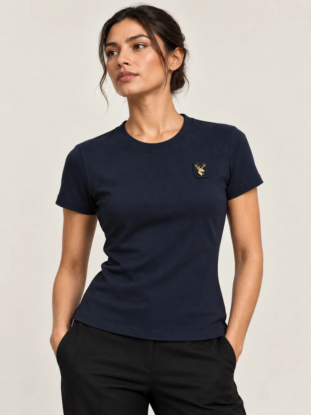 Gold Edition Women's Contour Tee — Midnight Navy, On-model view