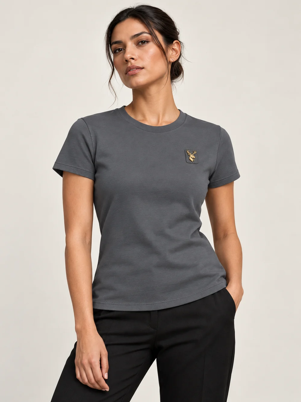 Gold Edition Women's Contour Tee — Slate, On-model view