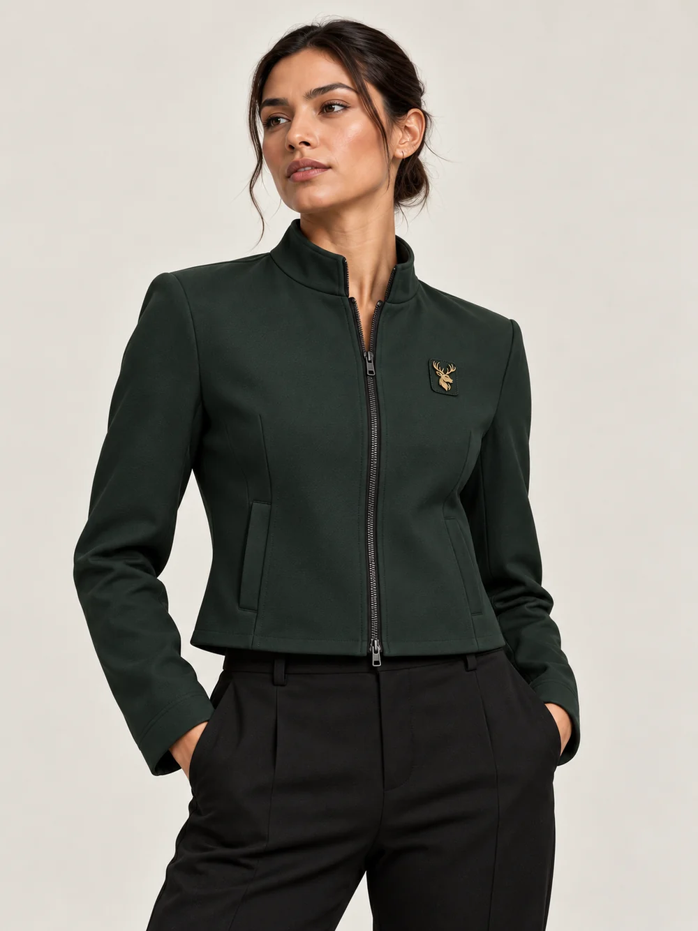 Gold Edition Women's Cropped Jacket — Deep Forest, On-model view