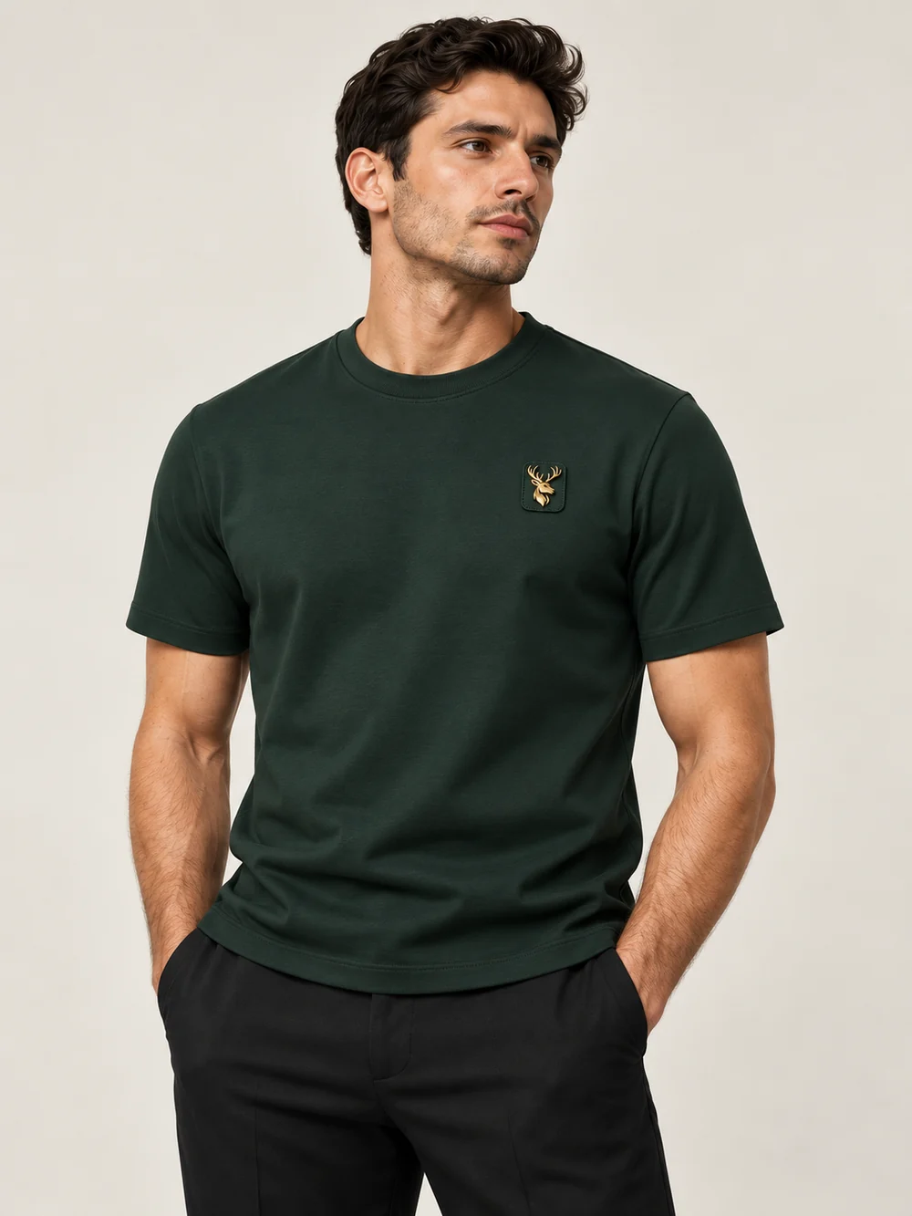 Gold Edition Men's Structured Tee — Deep Forest, On-model view