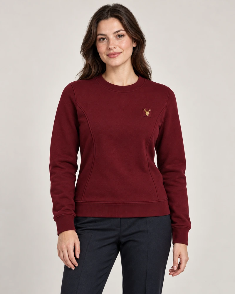 Gold Edition Women's Facet Panelled Crewneck — Deep Burgundy, On-model view