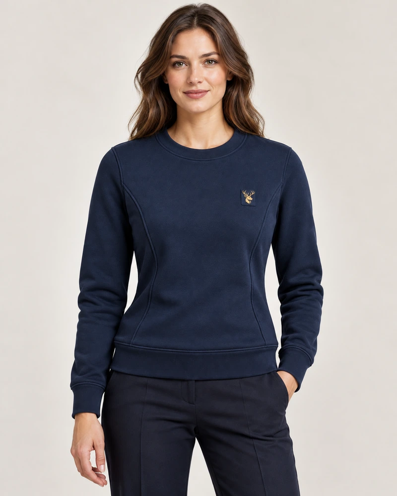 Gold Edition Women's Facet Panelled Crewneck — Midnight Navy, On-model view
