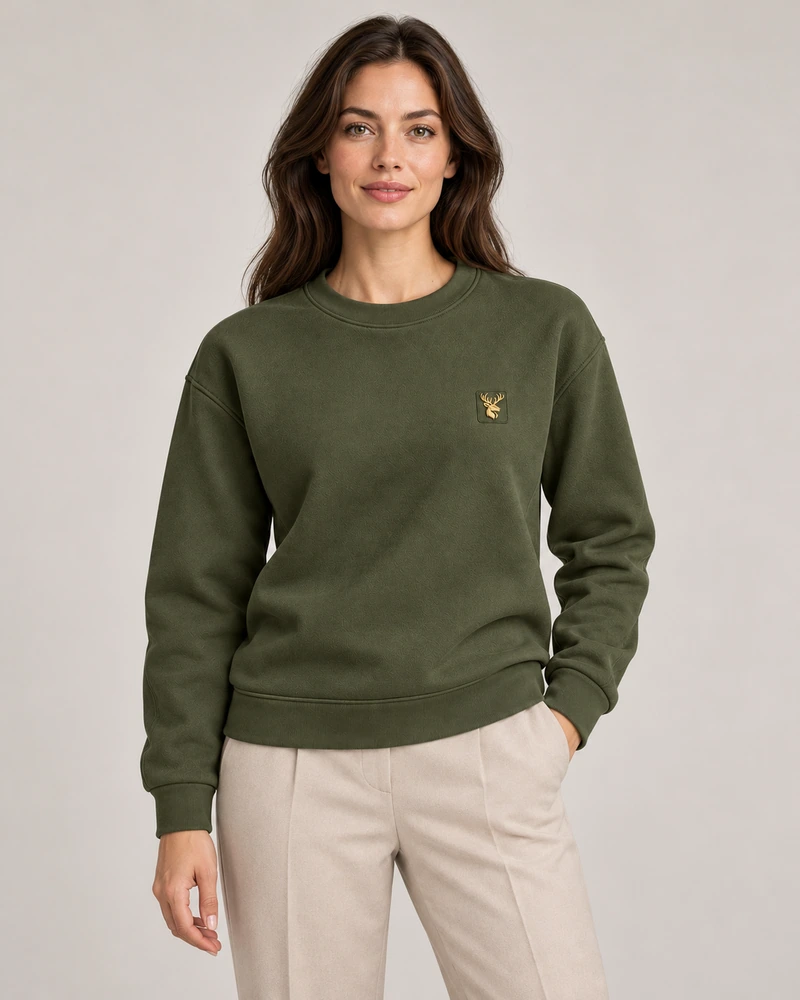 Gold Edition Women's Muse Architectural Crewneck — Dark Olive, On-model view