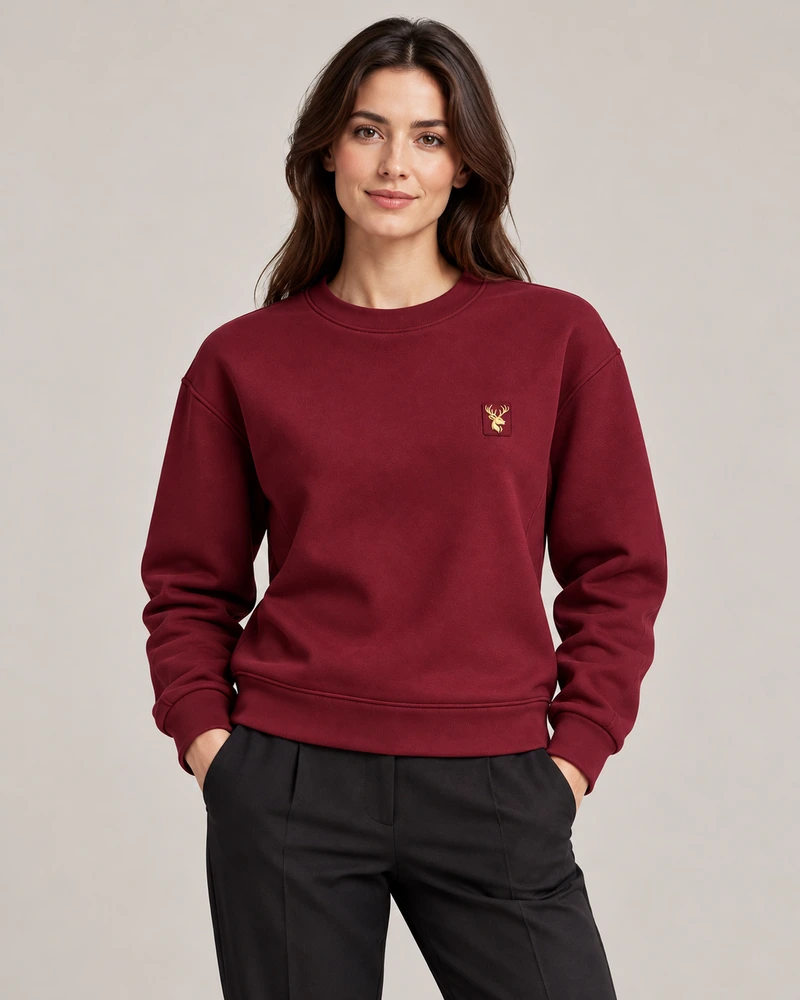 Gold Edition Women's Muse Architectural Crewneck — Deep Burgundy, On-model view